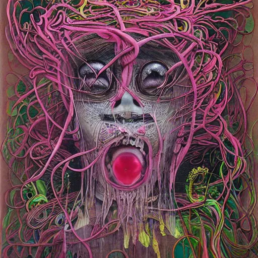 Image similar to Pink Vines by Takashi Murakami, Jean-Michel Basquiat, H.R. Giger, David Choe and Zdzisław Beksiński, incredibly intricately detailed artwork, oil on canvas