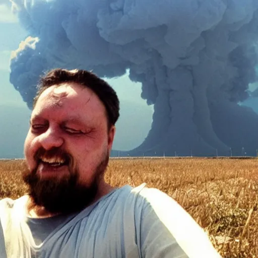 Prompt: selfie, radiation eats a ukrainian alive selfie a second before death, against the backdrop of a huge nuclear explosion from which the skin has already burned to the bone