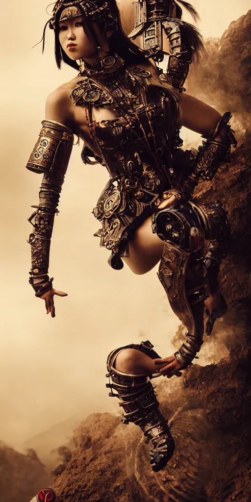 Prompt: vertical movie frame with ancient asian female standing on steam punk atv, hunt, armor inspired by ancient japan and fashion, symmetrical beautiful face, epic, perfect body, brutal blooded sluty award winning, establishing shot, extremely high detail, photorealistic, brutal, provocative, octane render, editorial, extreme sports photography