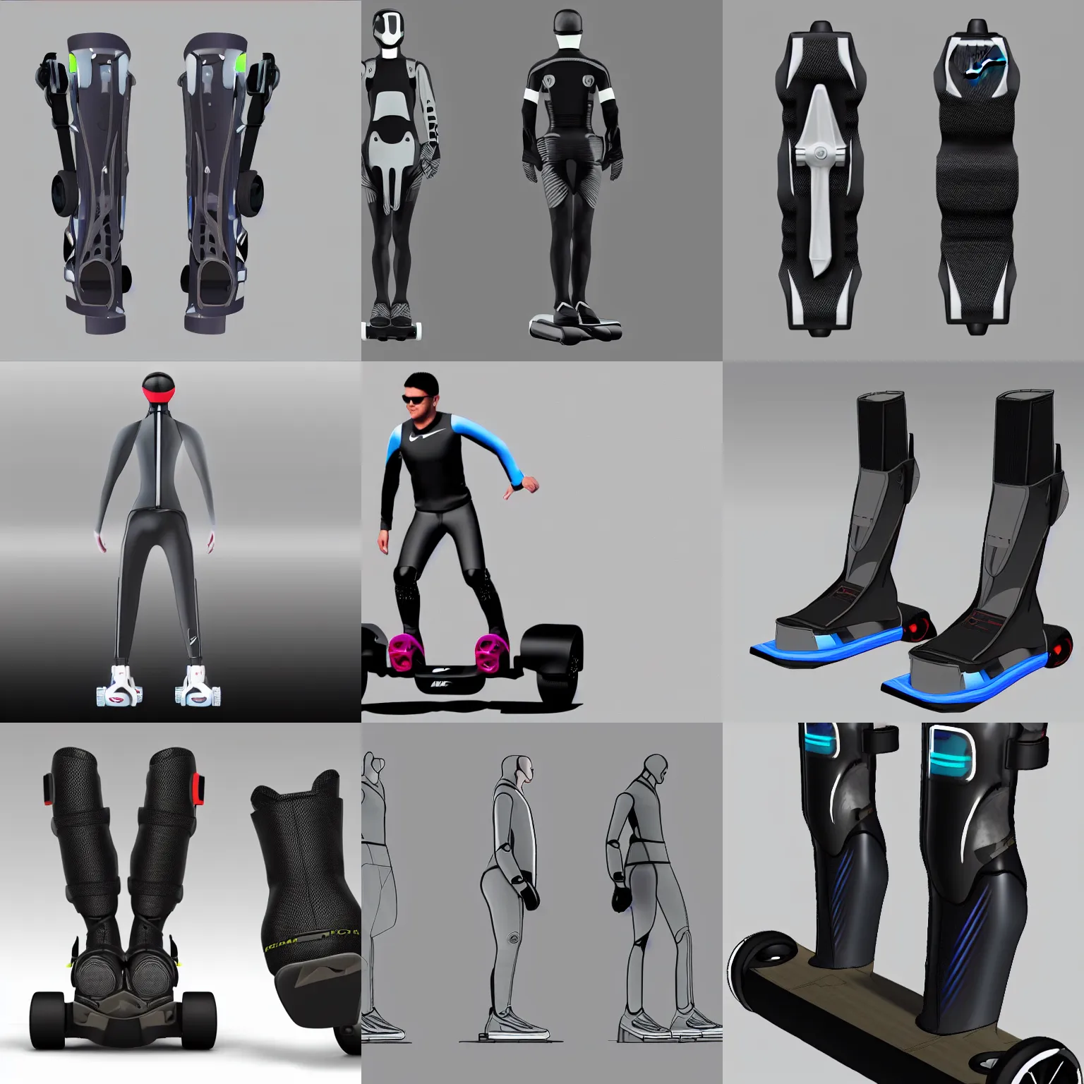 Prompt: CAD design of Nike hoverboard exoskeleton boots, CAD design inspired by retrofuturistic aesthetics, solidworks, autodesk inventor, catia