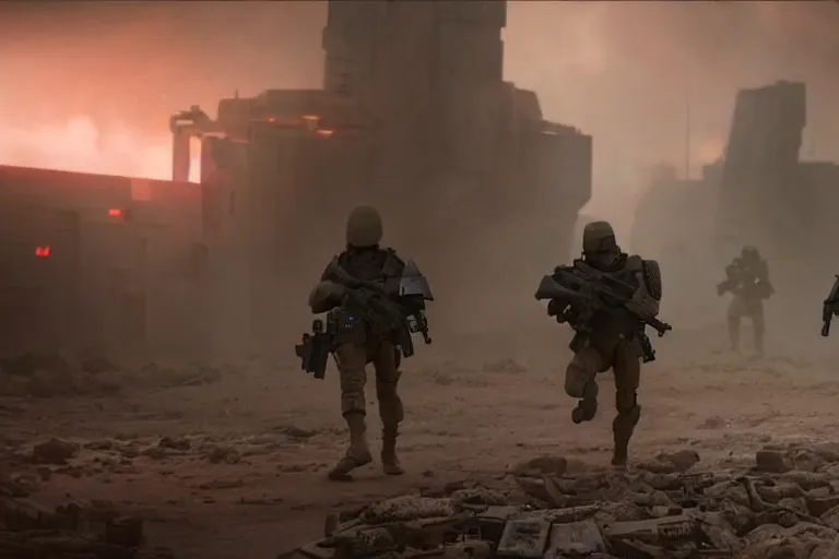 Image similar to vfx film closeup, blade runner 2 0 4 9 futuristic soldiers shoot at enemy robots futuristic war, battlefield, war zone, shootout, dilapidated city ruins, running, shooting, explosion, battlefront, leaping, flat color profile low - key lighting award winning photography arri alexa cinematography, big crowd, hyper real photorealistic cinematic beautiful, atmospheric cool colorgrade