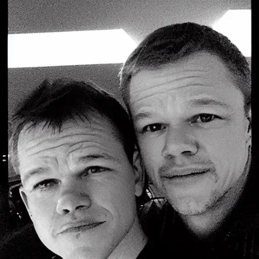 Prompt: HUH?? My dad look like Matt Damon, hand held picture, the camera flash is so bright in his face, viral photo