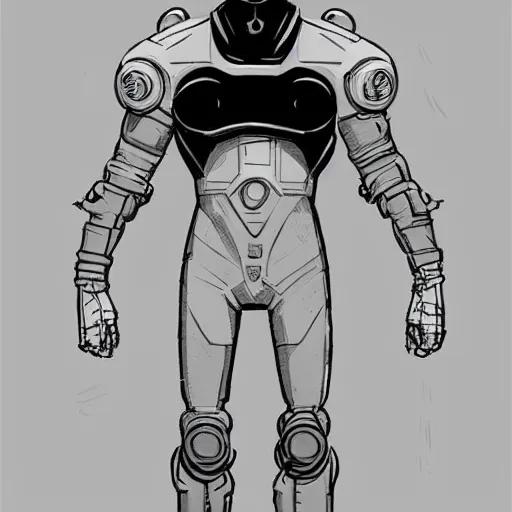 Image similar to character concept art, stylized proportions, human space suit, sci - fi!!!!, large shoulders, thin long legs, in the style of mike mignola, trending on artstation