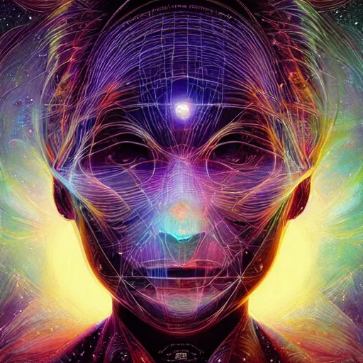 Image similar to beautiful portrait of intelligence of science, spatial space deformation in latent space, math art, astral plane, by artgerm and ( dan mumford ) and gustave dore, vray, cgsociety