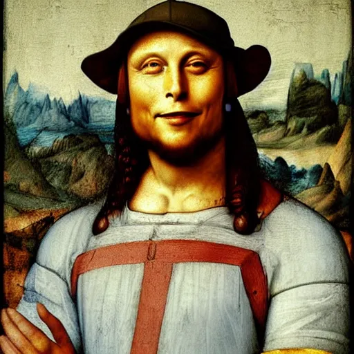 Image similar to ecstatic elon musk wearing a baseball cap backwards throwing money in the air painted by leonardo da vinci.