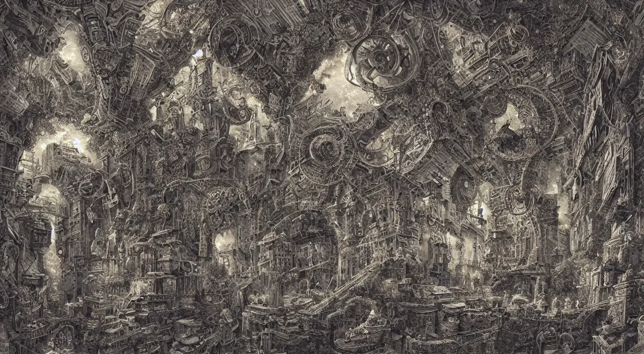Image similar to guido borelli da caluso, smooth paper with detailed line work, Mandelbulb, Exquisite detail perfect symmetrical, silver details, hyper detailed, bold intricate ink illustration, smooth textures, steampunk, smoke, neon lights, starry sky, steampunk city, liquid polished metal