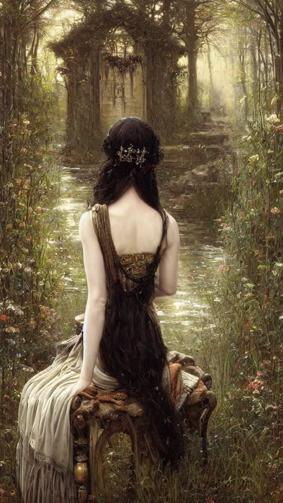 Prompt: secret view from behind wide mirror of a beautiful black haired woman with pale skin and a crown on her head sitted on an intricate metal throne, very deep stillness atmosphere, silence, dimension of still moment, spiritual feeling, digital art, by daniel ridgway knight