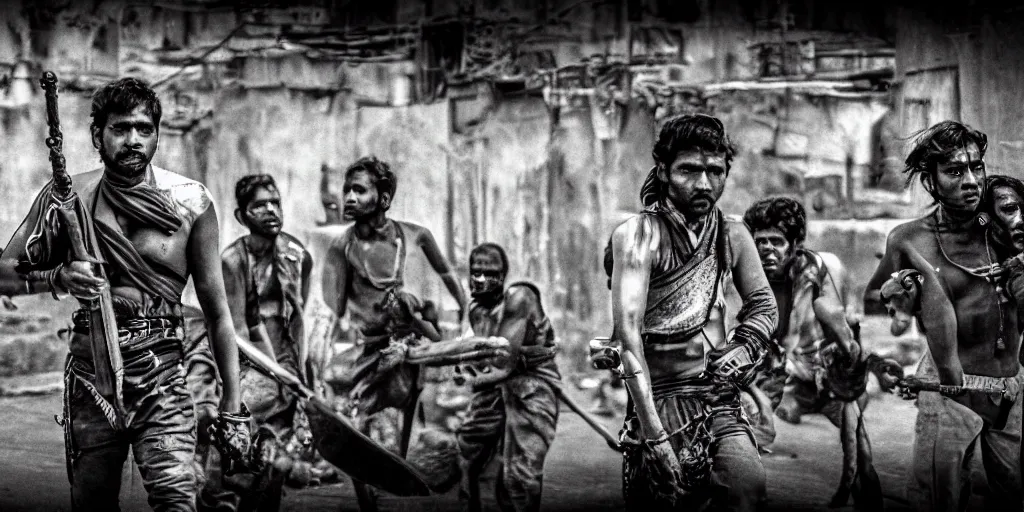 Image similar to sri lankan mad max style, city streets, film still, epic shot cinematography, rule of thirds