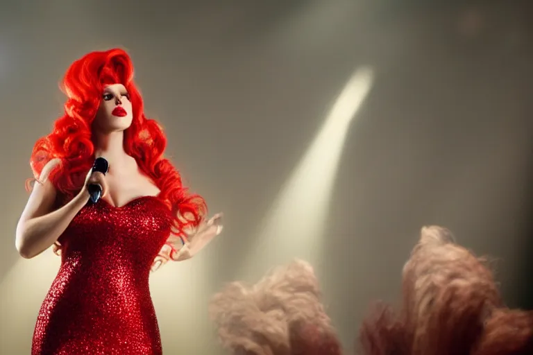 Prompt: movie scene portrait closeup, red hair, red sequin dress, real life jessica rabbit singing beautifully on stage, stage lighting by emmanuel lubezki
