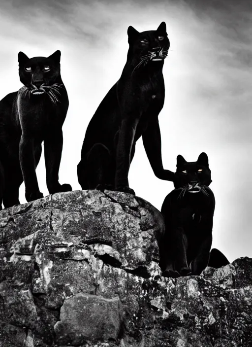 Image similar to two black panthers black and white portrait white sky in background