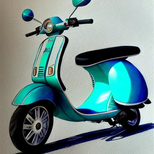 Prompt: a turquoise vespa moped, realistic, concept art, intricate details, detailed, photorealistic, pencil and watercolor, art by artgerm and greg rutkowski