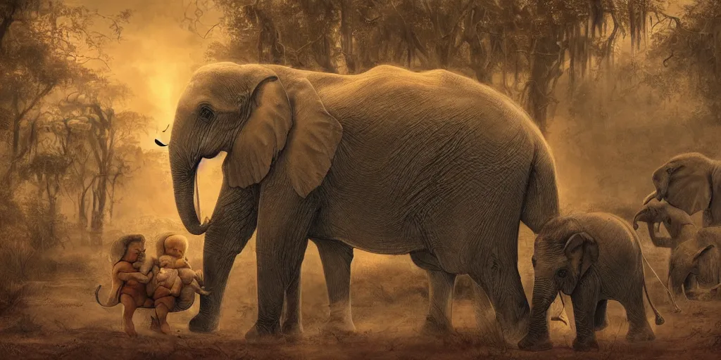 Image similar to two adult elephants comfort a baby elephant, only three elephants, rich golden hour, savannah, illustration, detailed, smooth, soft, warm, by Adolf Lachman, Shaun Tan, Surrealism