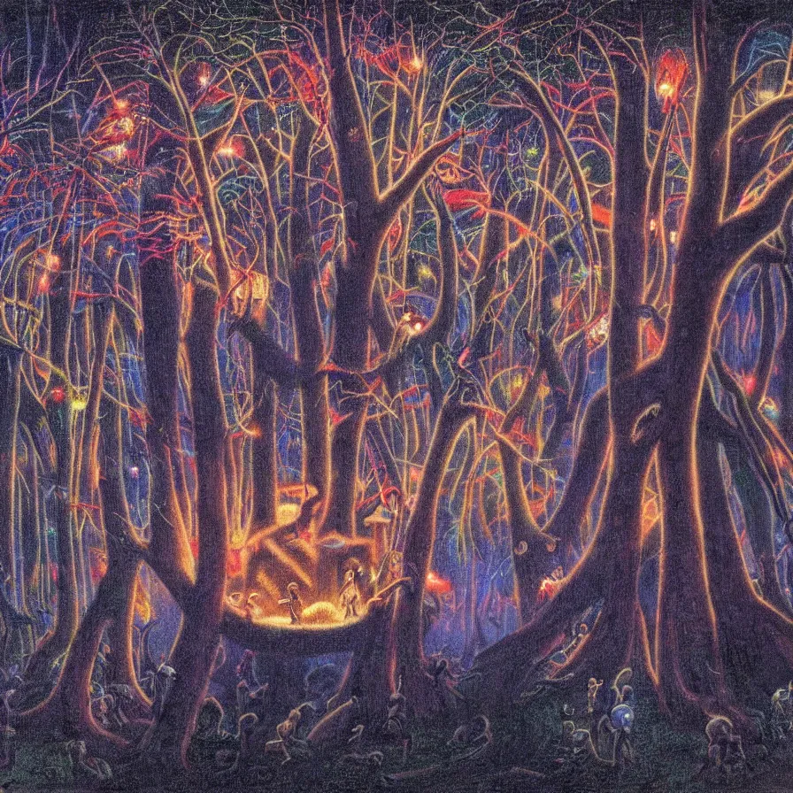 Image similar to closeup of a night carnival inside a tree cavity in a magical forest in the middle of a summer storm, with a music scenario with many fireworks and christmas lights, volumetric lightning, instense god rays in the sky, folklore people disguised with fantastic creatures in a magical forest by summer night, masterpiece painted by alphonse osbert, very coherent and colorful high contrast masterpiece,