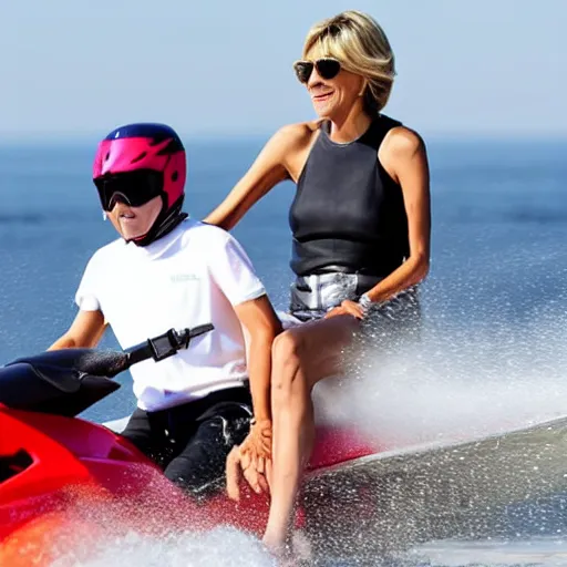 Image similar to a photo of emmanuel macron on a jetski with brigitte macron