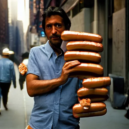 Prompt: closeup portrait of a sneaky man hiding trying to sell hotdogs in a smoky new york back street , by Annie Leibovitz and Steve McCurry, natural light, detailed face, CANON Eos C300, ƒ1.8, 35mm, 8K, medium-format print
