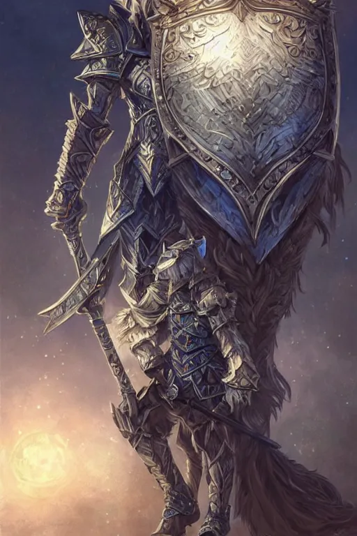 Image similar to Fantasy Paladin holding a tower shield and a spear, wearing an intricate azure full plated armor, Wolf companion by their side, moonlit, HD, illustration, epic, D&D, fantasy, intricate, elegant, highly detailed, digital painting, artstation, concept art, smooth, sharp focus, illustration, art by artgerm and greg rutkowski and alphonse mucha