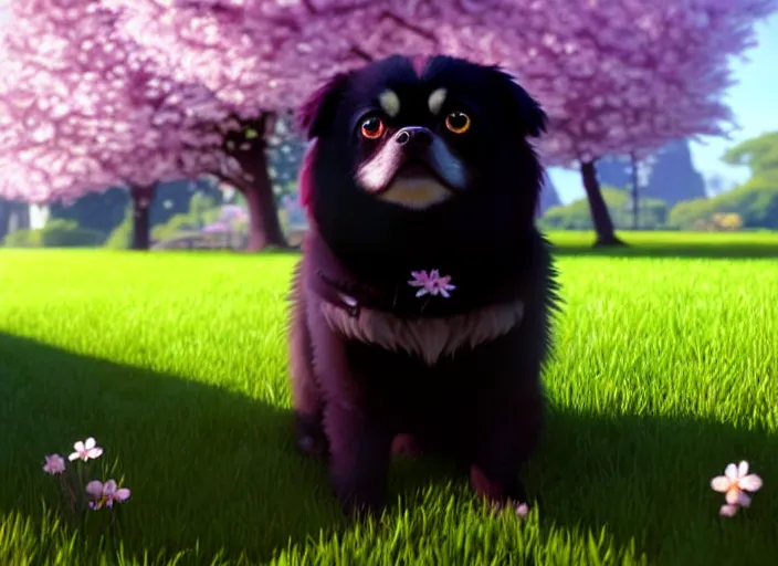 Prompt: a wholesome animation key shot of a black tibetan spaniel, cherry blossoms in the background, studio ghibli, pixar and disney animation, sharp, rendered in unreal engine 5, anime key art by greg rutkowski, bloom, dramatic lighting
