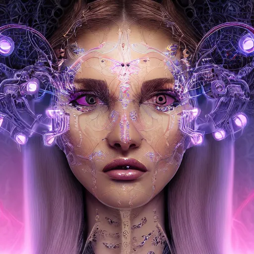 Prompt: very beautiful woman integrating with technology, full face frontal centered, portrait, insipiring, detailed intricate ornate cables connected to head, big dark eyes, luxurious detailed abundent wiring and implants, diamonds, ruby, sci - fi, neon, glow, lucious shinny hair, detailed background with cyber flowers and insects, highly detailed, artstation, 8 k