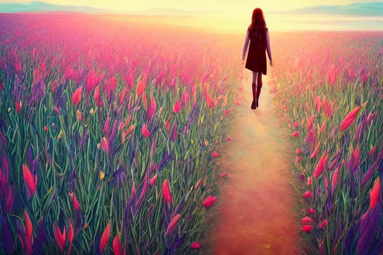 Image similar to giant gladiola head, girl walking in field of flowers, surreal photography, sunrise, blue sky, dramatic light, impressionist painting, digital painting, artstation, simon stalenhag