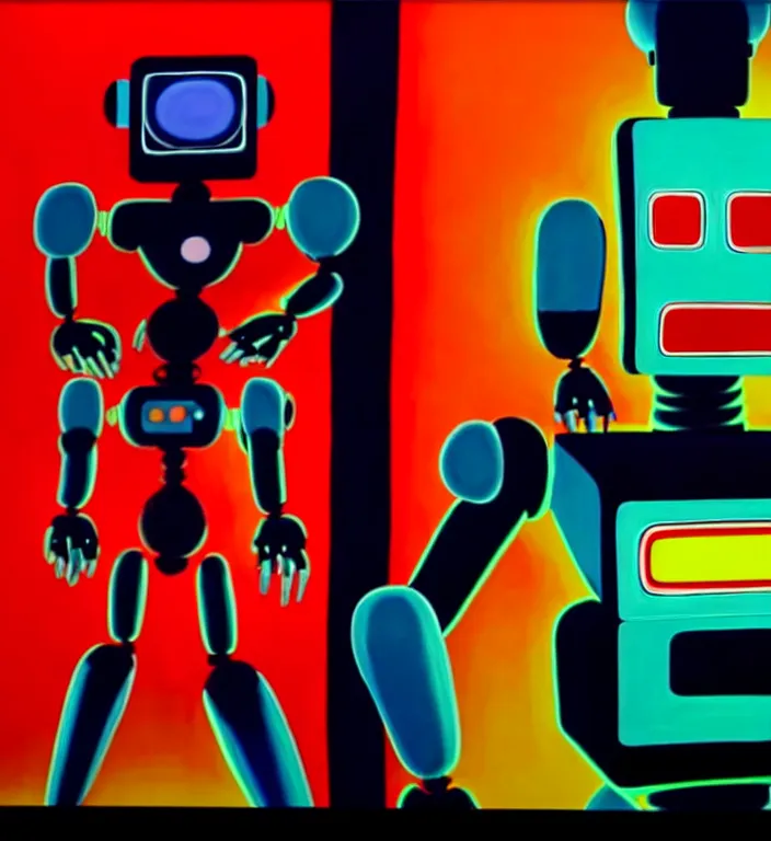 Prompt: defined colours 4k photograph of an robot with a brush in its hand creating a painting of a human on a canvas in a huge retro-futuristic studio. shot by Terry Richardson. still from a 2021 movie by Gaspar Noé and James Cameron.