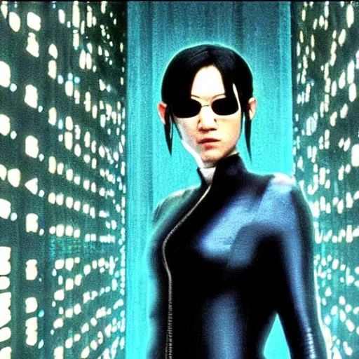 Prompt: photo still of actress miku hatsune as trinity in the matrix ( 1 9 9 9 )