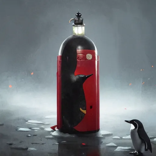 Image similar to a hyperrealistic render of a penguin disguised as a fire extinguisher, by wlop, artgerm, greg rutkowski, alphonse mucha, beautiful dynamic dramatic dark moody lighting, shadows, cinematic atmosphere, artstation, concept design art, octane render, 8 k