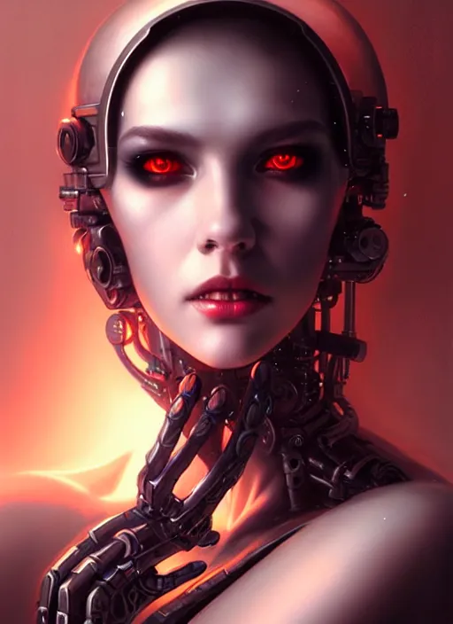 Image similar to a hauntingly beautiful cybernetic woman, painted by artgerm and tom bagshaw, fantasy art, dramatic lighting, highly detailed oil painting