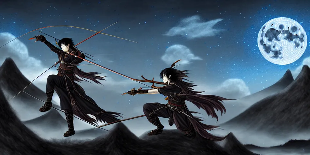 Prompt: korean archer. asian dragon. night sky. moon. river. mountain. dark fantasy. high resolution. dungeons and dragons. fantasy. detailed. digital art. dark fantasy. kentaro miura