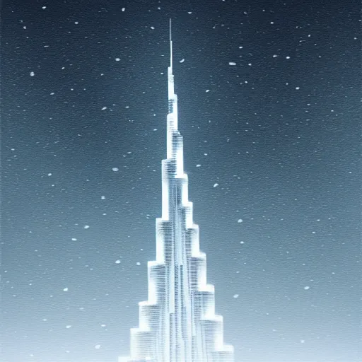 Image similar to Beautiful snow in Dubai, Burj Khalifa, intricate, elegant, highly detailed, digital painting, artstation, concept art, matte, sharp focus, illustration,