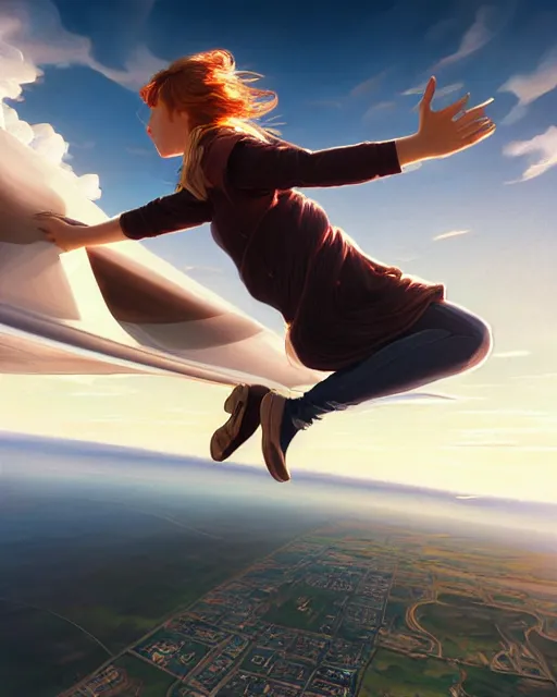 Prompt: photorealistic very wide shot of a girl sitting on the wing of a flying passenger airplane, side view, very windy, sunny morning light, hot air balloons in the distance, hdr, volumetric lighting, intricate details, detailed digital artstation concept by noriyoshi ohrai and john william waterhouse and krenz cushart