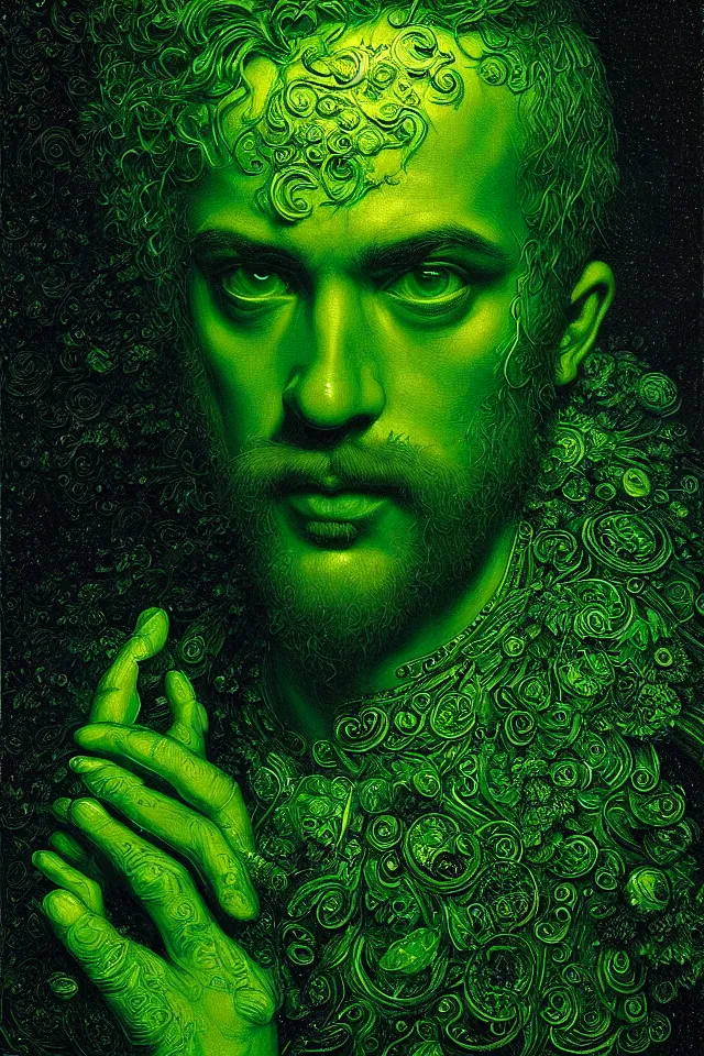 Prompt: bizarre green blacklight detailed renaissance portrait of mario as a highly detailed realistic real life person, dramatic cinematic lighting, 8 k, beautiful intricate painting by james r eads and tomasz alen kopera