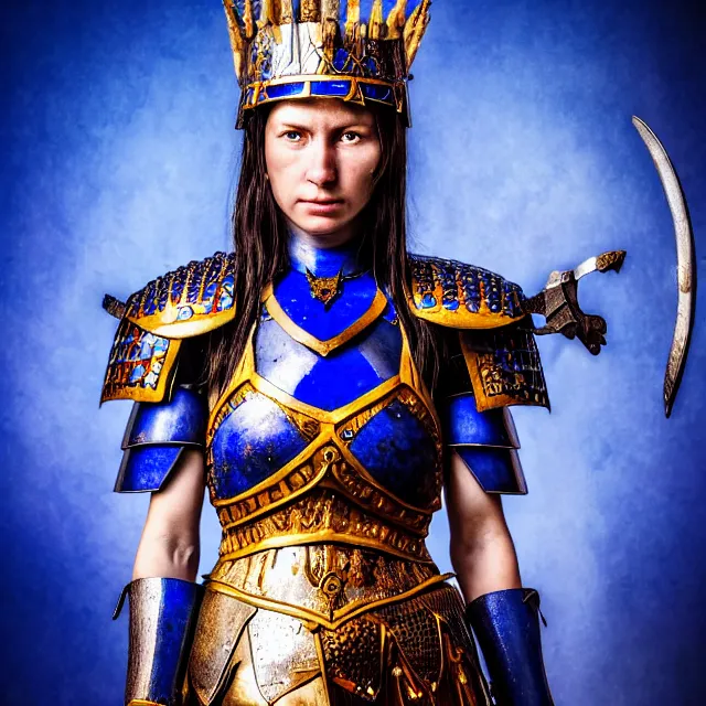 Prompt: photo of a beautiful warrior queen with lapis lazuli armour, highly detailed, 8 k, hdr, smooth, sharp focus, high resolution, award - winning photo