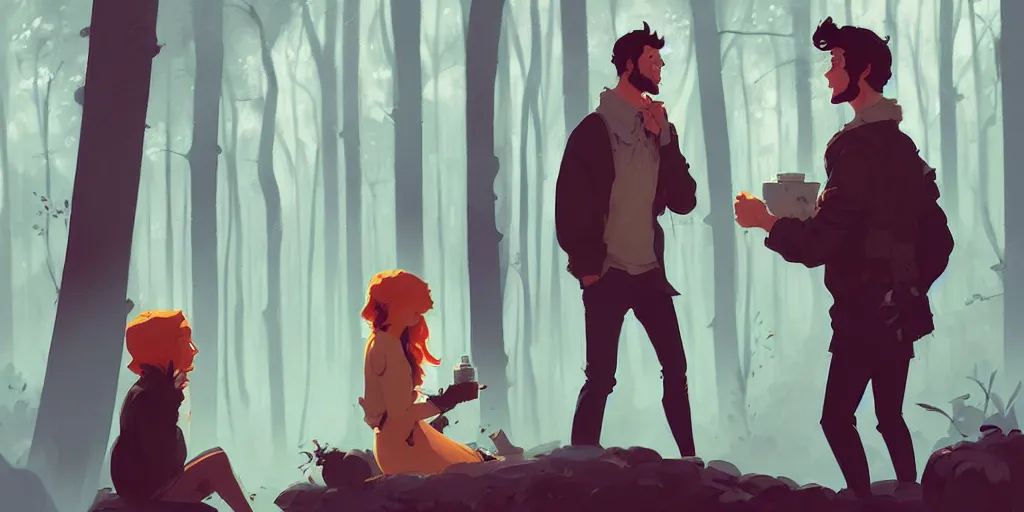 Image similar to scene of brunette man with a beautiful ginger woman talking in the woods by atey ghailan, by greg rutkowski, by greg tocchini, by james gilleard, by joe fenton, by kaethe butcher, dynamic lighting, gradient light blue, brown, blonde cream and white color scheme, grunge aesthetic