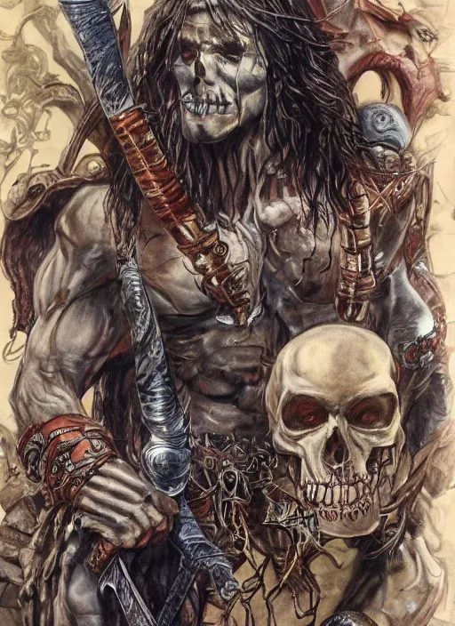 Prompt: A full-color airbrushed, ultra-detailed, hyperrealistic, photorealistic, mixed media, fineliner illustration of Conan the barbarian battling skeleton warriors, by Glenn Fabry , John Buscema and Bill Sienkiewicz, trending on marvel, trending on artstation