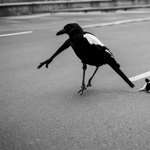 Prompt: A magpie chasing a boy on a bike, Canon EOS R3, f/1.4, ISO 200, 1/160s, 8K, RAW, unedited, symmetrical balance, in-frame