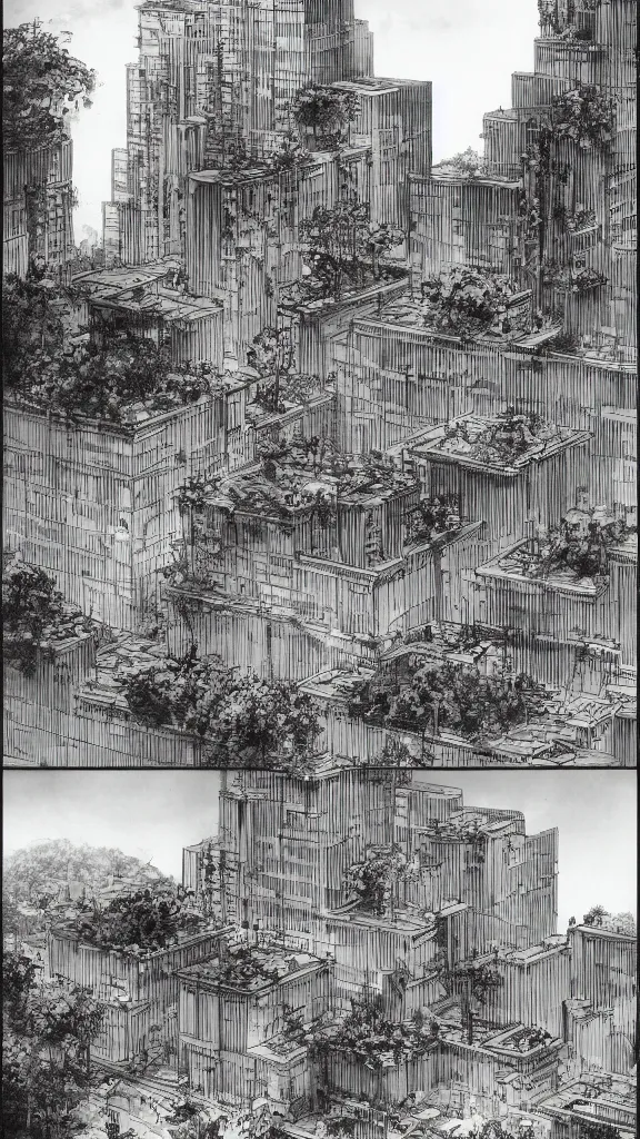 Prompt: 5 - panel comic page layout by piranesi. 2 architects arguing passionately about sustainable futuristic building in a urban setting. ultrarealistic matte painting on white page. the buildings have many deep and tall balconies covered in plants and trees. plants hang from deep balconies. greeble articulated details. 8 k.