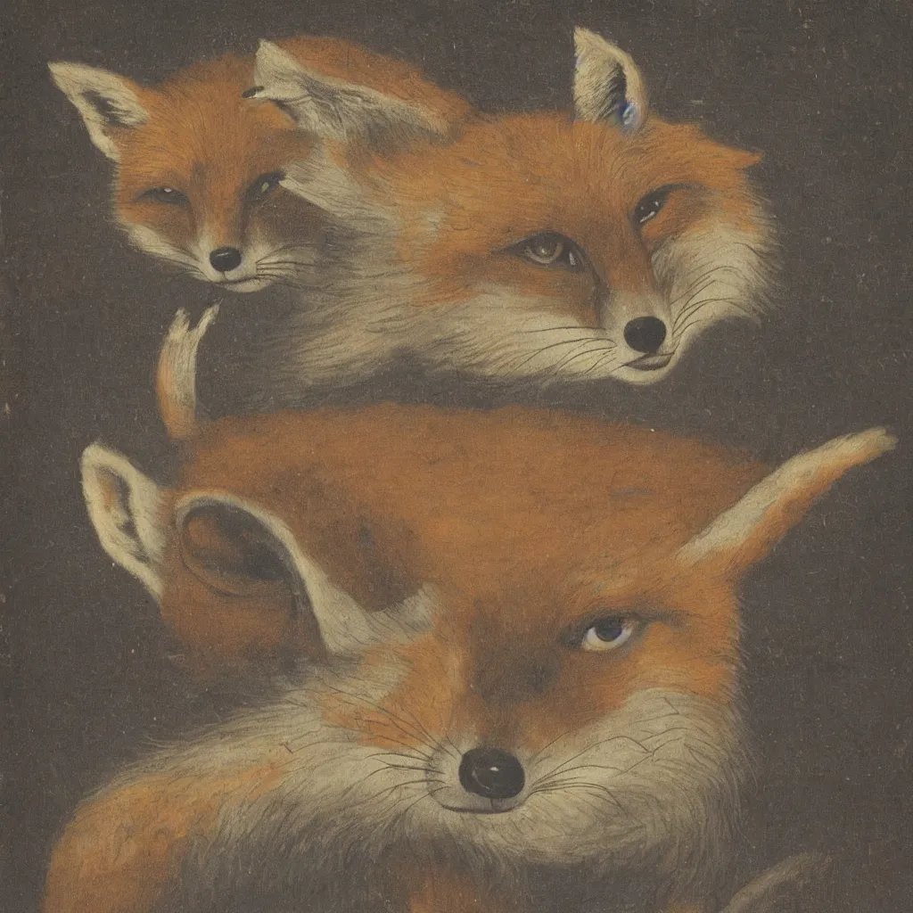 Prompt: An anthropomorphic fox man with bloodshot eyes, 19th century painting