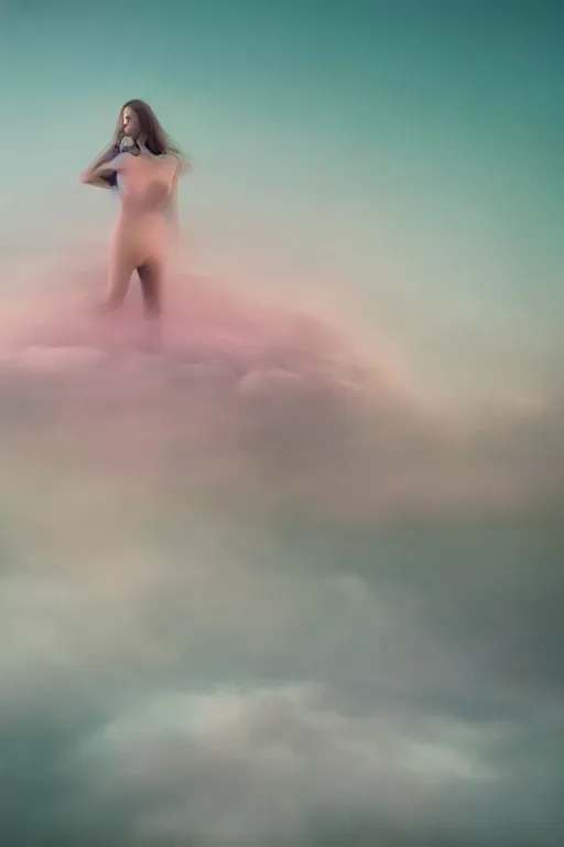 Image similar to high quality pastel coloured film close up wide angle photograph of a model wearing clothing swimming on cloud furniture in a icelandic black rock!! environment in a partially haze filled dreamstate world. three point light, rainbow. photographic production. art directed. pastel colours. volumetric clouds. pastel gradient overlay. waves glitch artefacts. extreme facial clarity. 8 k. filmic.