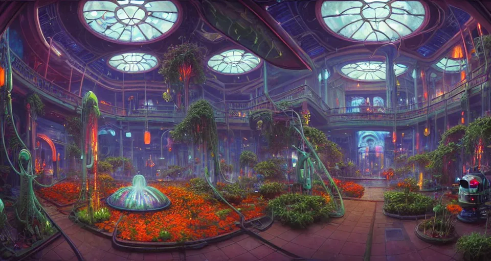 Image similar to fish eye lens a bright minimalist bioluminescent oil painting by donato giancola, warm coloured, cinematic scifi luxurious futuristic foggy steam filled victorian garden mall interior with microscopy radial windows flowers growing out of pretty bulbous ceramic fountains, gigantic pillars and flowers, maschinen krieger, beeple, star trek, star wars, ilm, atmospheric perspective