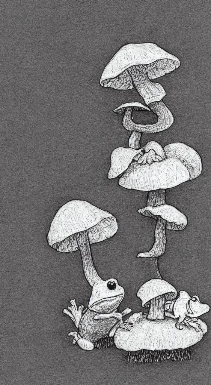 Prompt: cottagecore frog on a mushroom black and white drawing