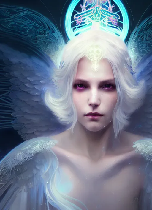 Prompt: a beautiful white haired princess with angel wings, intricate concept art, ethereal, ominous, mysterious, enchanted, cosmic, dramatic lighting, illuminated lines, outrun, vaporware, illuminated runes, cyberpunk darksynth, dark background, 8 k, by ruan jia and krenz cushart and alphonse mucha