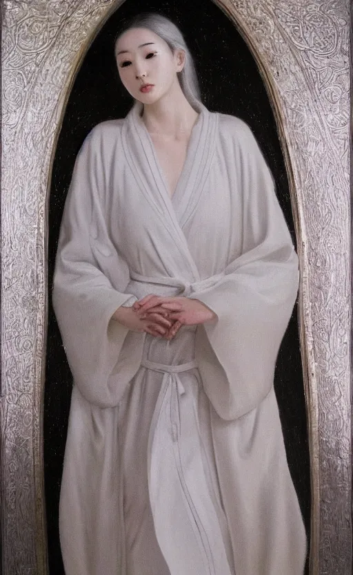 Image similar to angelic beauty with silver hair so pale and wan! and thin!?, flowing robes, covered in robes, lone pale korean goddess, wearing robes of silver, flowing, pale skin, young cute face, covered!!, clothed!! lucien levy - dhurmer, jean deville, oil on canvas, 4 k resolution, aesthetic!, mystery