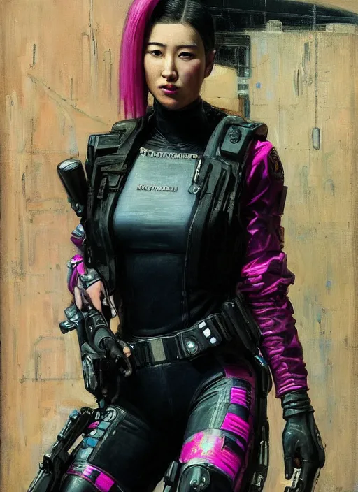 Image similar to Marie Cho. beautiful cyberpunk female USN marine wearing a military vest and a black and pink tactical catsuit (cyberpunk 2077, bladerunner 2049). gorgeous face. Iranian orientalist portrait by john william waterhouse and Edwin Longsden Long and Theodore Ralli and Nasreddine Dinet, oil on canvas. Cinematic, hyper realism, realistic proportions, dramatic lighting, high detail 4k