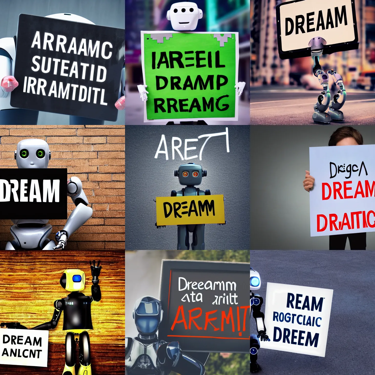 Image similar to realistic high quality photo of artificial intelligence robot holding a sign with text that reads : dream