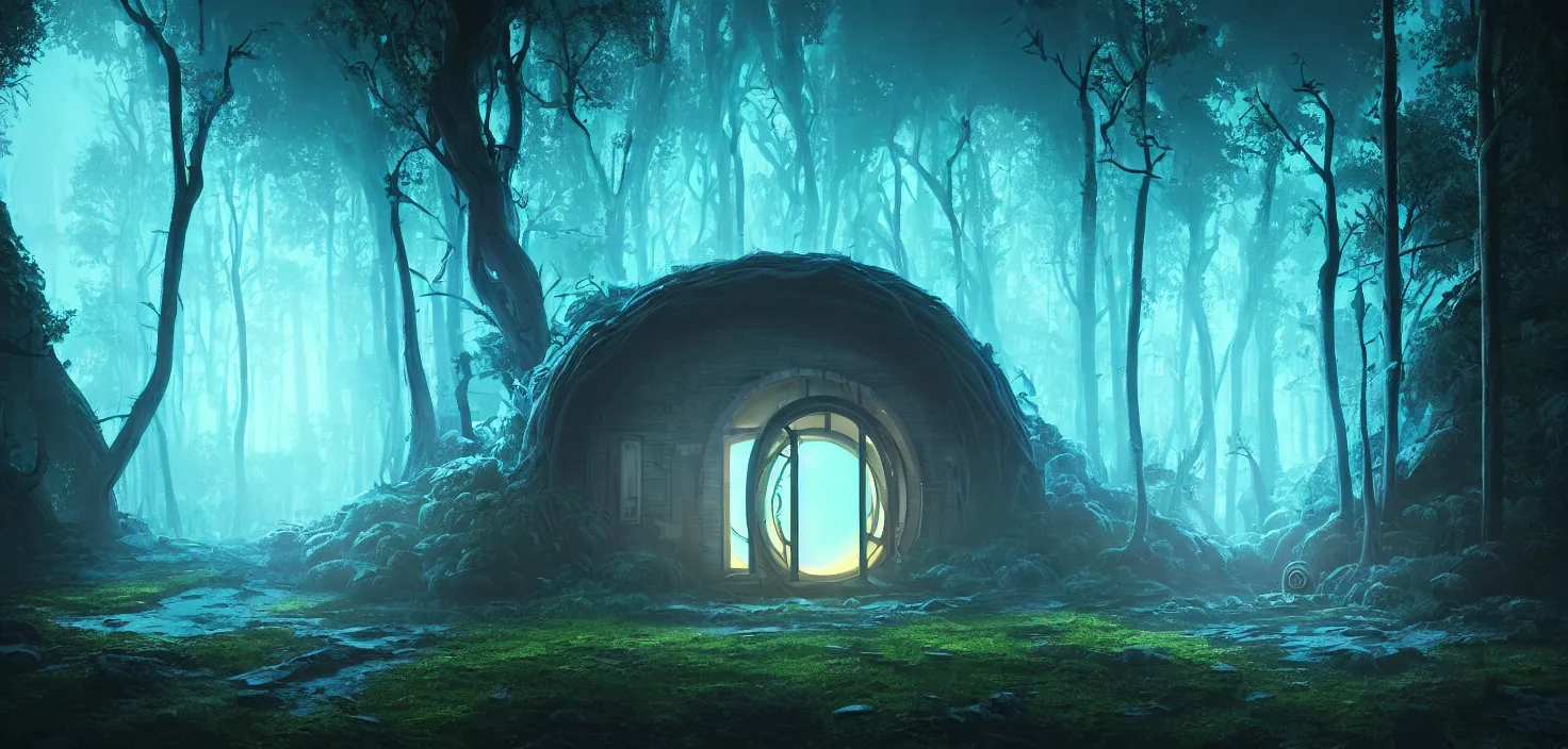 Image similar to random scary forest house landscape, round glowing blue neon portal door, incredible, vector art, octane render, fabulous, hyper detailed, random cinematic view, no noise, global illumination, warm lighting, volumetric, godrays, vivid, beautiful, by jordan grimmer