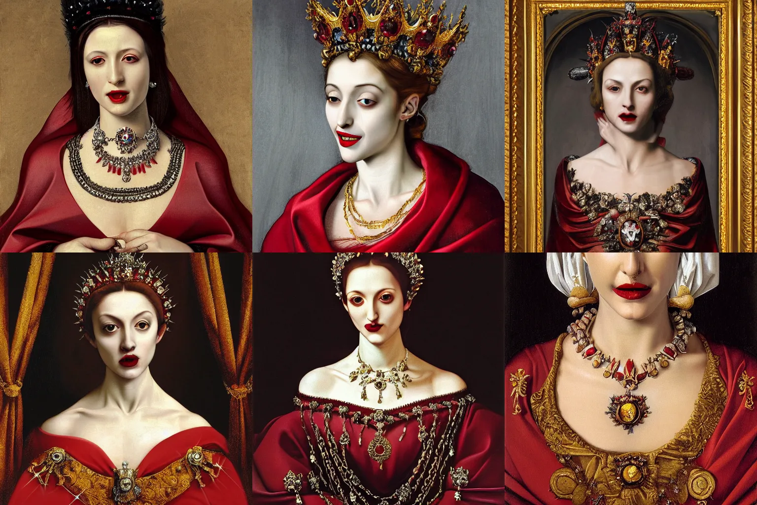 Image similar to A extremely highly detailed majestic hi-res beautiful immaculate head and shoulders painting of a beautiful bloody vampire woman with fangs, crying tears of red blood wearing a long royal red silk dress, the crown jewels is on her head and around her neck is a ornate golden necklace decorated with diamonds and rupees smiling by Michelangelo Merisi da Caravaggio, high detail, hyperrealistic, photorealistic, octante render, cinematic, high textures, royaltly, royal, hyper sharp, 4k insanely detailed and intricate, hypermaximalist, 8k, hyper realistic, super detailed, 4k HDR hyper realistic high,