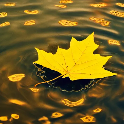 Image similar to close - up of a yellow maple leaf floating on top of a pond