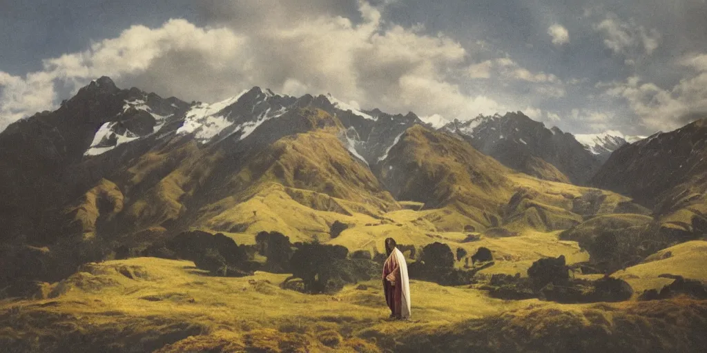 Prompt: jesus in beautiful new zealand landscape