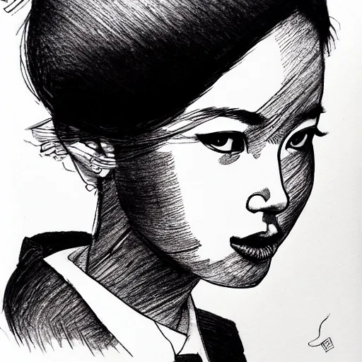 Prompt: ink drawing portrait of a woman in suit by jung gi kim