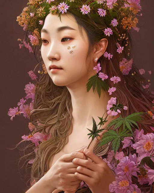 Image similar to portrait of goddess gaea, flowery face, upper body, decorated with cannabis flowers, traditional chinese art, intricate, elegant, highly detailed, digital painting, artstation, concept art, smooth, sharp focus, illustration, art by artgerm and greg rutkowski and alphonse mucha, 8 k